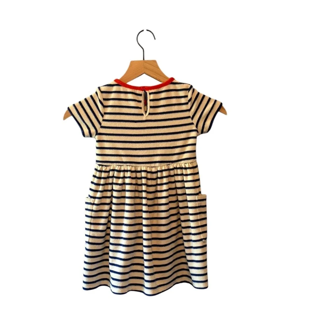 Mini Boden Kids Navy White Striped Terry Cloth Dress Red Ringer Neck 4-5Y G4671